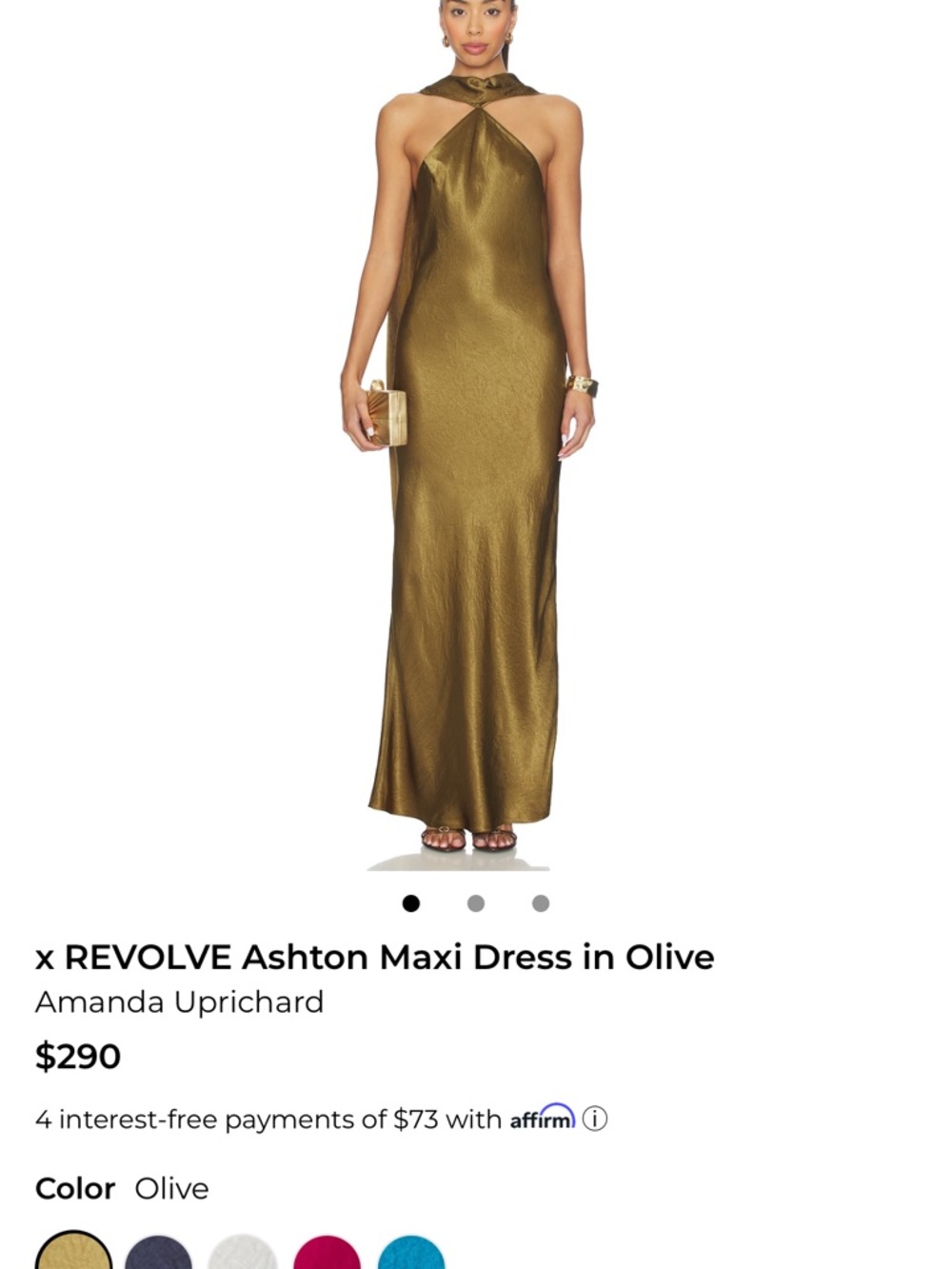 Amanda Uprichard Olive Satin Halter Maxi Dress